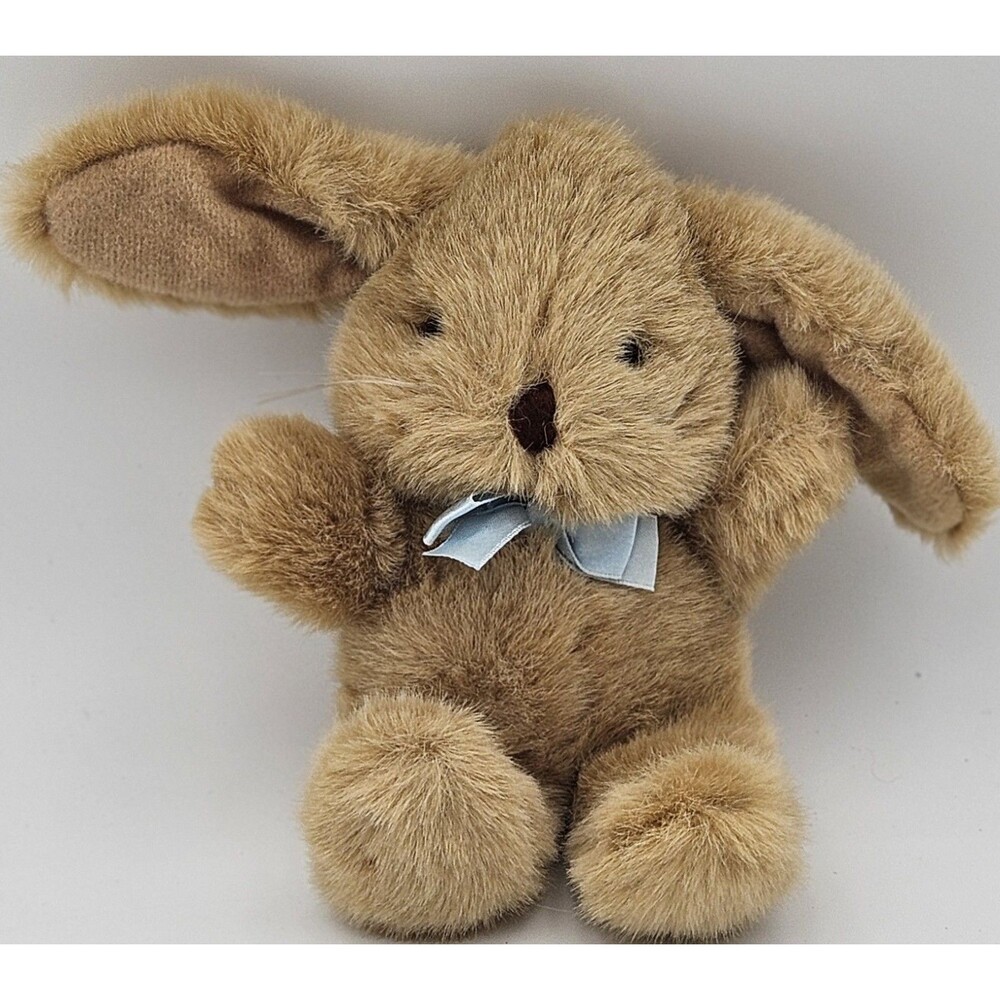 1989 Dakin Plush Long Ears Bunny, Beige Tan With Blue Ribbon Bow Plush Animal